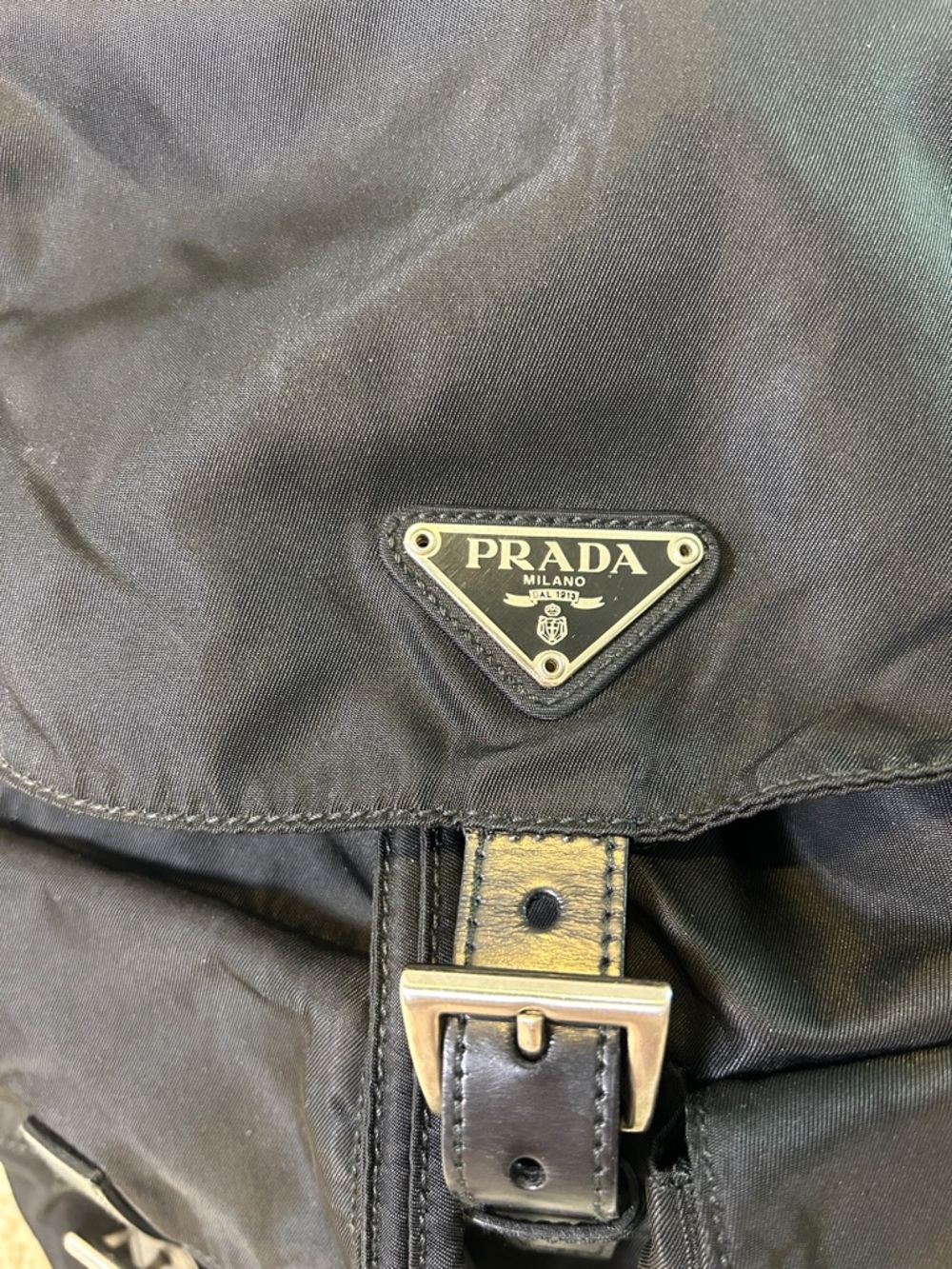 Prada Black Nylon Drawstring Backpack with Front Buckle Pockets - Picture 2 of 9